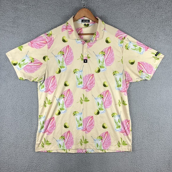 Bad Birdie Other - Bad Birdie Polo Shirt Mens XXL Yellow Pink Lime Drink Floral Allover Print S/S